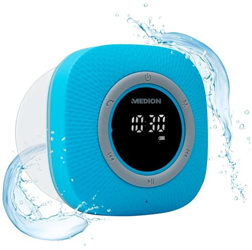 MEDION P66096 Duschradio mit Bluetooth (Badradio, UKW Radio, Saugnapf, LED-Display, IPX6 Wasserdicht, integrierter Akku) blau