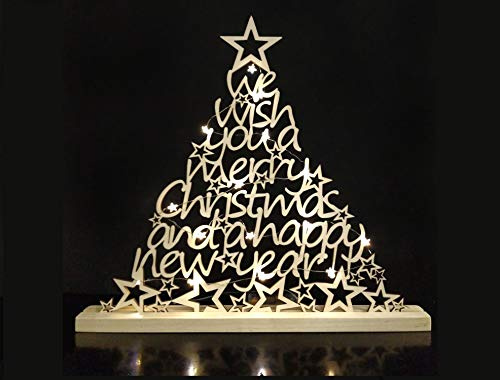 SPEDITO in 24h ! Albero di Natale in Legno + 30 luci Led su filo argentato e 2 Batterie AA incluse! Tagliato a Laser, 100% Legno Naturale, 51x46 centimetri, Regalo di Natale Idea Regalo.