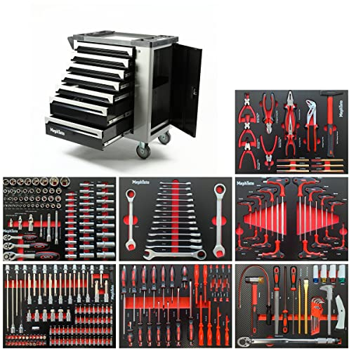 Mephisto XXL Werkzeugwagen Werkstattwagen mit 7 Schubladen Davon 7 mit Werkzeug wie Schraubenschlüssel, Ratsche mit Nusskasten, Schraubendreher usw. in Soft Inlays in Carbonoptik gefüllte Schubladen