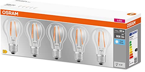 OSRAM LED BASE Classic A60, klare Filament LED-Lampen aus Glas für E27 Sockel, Birnenform, Kaltweiß (4000K), 806 Lumen, Ersatz für herkömmliche 60W-Glühbirnen, 5er-Box