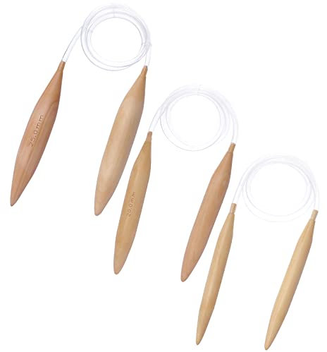 NBEADS 3 Pcs Wooden Circular Knitting Needles, 15mm/20mm/25mm Double Pointed Round Bamboo Needle with Cable, Natural Wood Jumbo Needle for Yarn Giant Circular Knitting Needles
