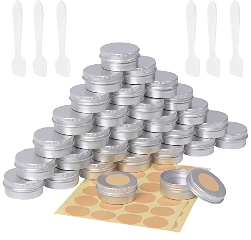 Aluminum Cosmetic Tin Jars, Empty Containers with Labels & Mini Spatula - 30PCS Silver 15ml Round Travel Cream Jars for Lip Balm, Lotion, Cream, Masks, Mini Candles