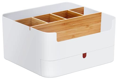 QIMIN Premium Qualität Schreibtisch Organizer Stiftehalter Büro, Office, Desk Organizer weiß, Multifunktionaler Bambus Stifte Organizer mit 6 Fächern und 1 Schublade Anti-Rutsch AUCH für Kinder