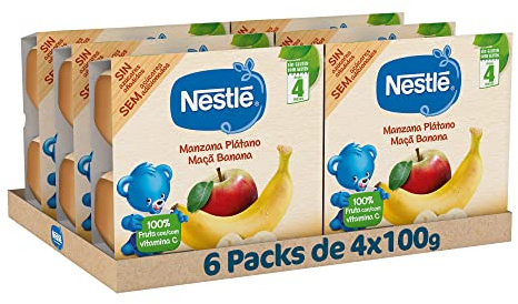 NESTLE Puré Manzana Plátano, desde 4 meses, Pack de 6 ( 4x100g), Fórmula mejorada