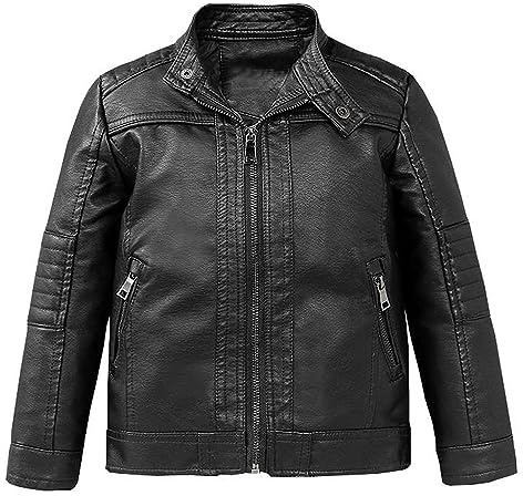 linboo Kinder Lederjacke Jungen Motorrad Bikerjacke aus Kunstleder Bomberjacke Mädchen übergangsjacke Frühling Herbst, Schwarz 02, 158