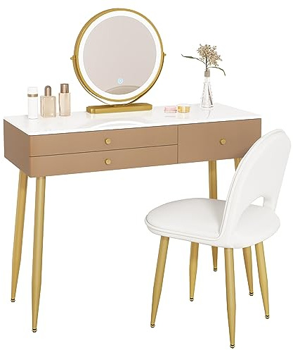 WOLTU sminkbord med belysning, justerbart LED spegelljus, sminkbord med 3 lådor, stor bordsskiva 100x40 cm, kosmetikabord med sammetspall, khaki + guld, MB6105kk