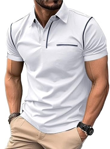 MakingDa Herr Smal Passform Kortärmad Poloskjortor Stretch Lättvikts Släta Krage Atletiskt Avsvallande Andningsbart Arbete Golf Promenad Klassisk Tee Topp Sommar, Vitt, L