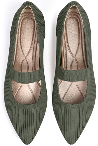 TINGRISE Women's Flats Shoes Pointed Toe Knit Washable Ballet Comfortable Dressy Mary Jane Flat Green US8