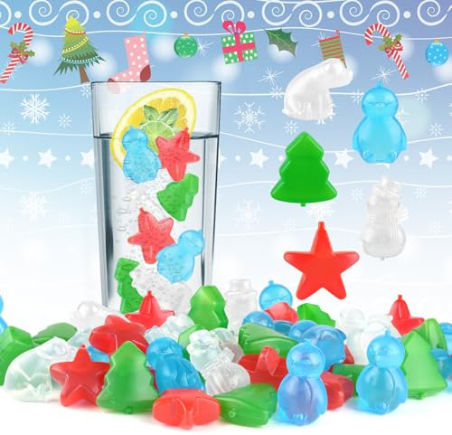 80 Pack Summer Reusable Ice Cube for Drinks, Snowman Xmas Tree Shaped Plastic ice Cubes, Refreezable Ice Cubes Non-melting for Christmas Party, Bar, Home Celebration BPA Free Decor