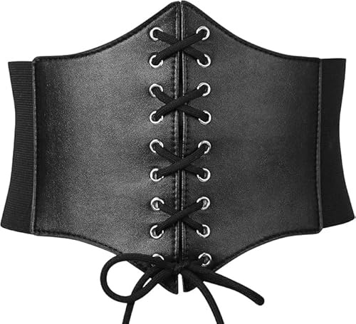 HATOFES Black Corset Belt for Women Tied Waist Belt Vintage Lace-up Stretchy Elastic Belt Retro Theme Party Wide Belt for Halloween (Fit Waist Size 33-35)