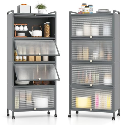 GOPLUS Küchenregal auf Rollen, Küchenschrank mit 5 Ebenen, Aufbewahrungsregal mit Tür, Standregal aus Metall für Wohnzimmer, Küche, Esszimmer, 60x32x154 cm (Grau)