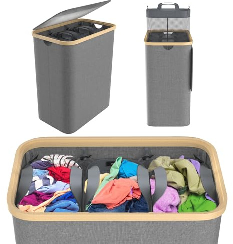 NAIZY Cesto portabiancheria con coperchio 140L, con 3 scomparti. Cesto per la biancheria lavabile e con maniglia estraibile, cesto portabiancheria rimovibile, separatore per biancheria, grigio