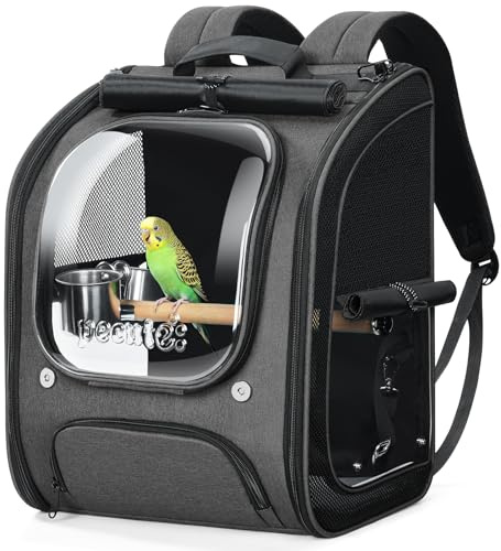 pecute Rucksack für Vögel mit Holzstab, Atmungsaktiv Träger Vogel Transporttasche, Robuste Papageien Reiserucksack mit Edelstahl-Futternapf, Leichte Transportbox Vogel, 32 x 26 x 42cm, Grau