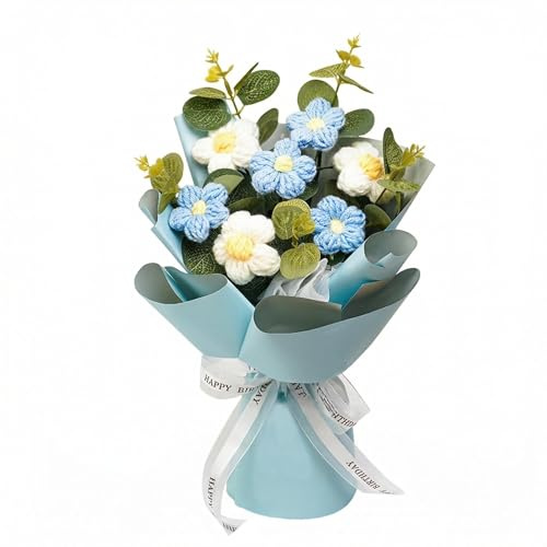 PLUSHCEWT Mazzo di fiori all'uncinetto blu, 23 x 33 cm, fatto a mano | Filato, facile da pulire, non innaffia, non scolorisce, per soggiorno e ufficio, regalo per le donne