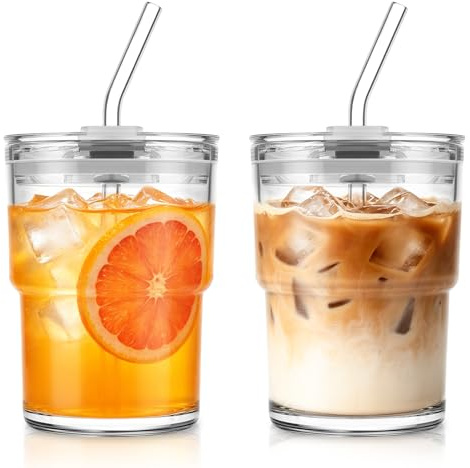 KEMORELA 2er Set Glasbecher mit Deckel und Strohhalm 380 ml, Auslaufsichere Trinkgläser mit Deckel, Matcha Gläser, Eiskaffee Becher, Smoothie Becher, Travel Mug für Kaffee, Saft und Kaltgetränke