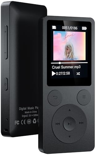 Lettore MP3 da 32 GB, Bluetooth 5.3 e altoparlante, aggiornamento con tasti fisici (indietro, menu, volume), solo 37 g, con cuffie, radio FM, registratore vocale mini design, suono HiFi, fino a 128 G