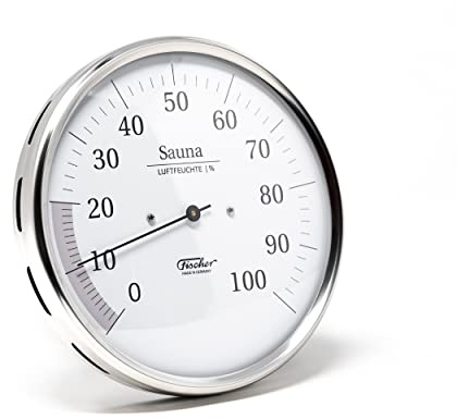 Fischer 191.01, Sauna-Hygrometer synthetisch, Glas, Edelstahl, Messstation | Sauna-Luftfeuchtigkeitsmesser, Messbereich 0-100 % r. F. und 0-70 °C, 130mm Durchmesser, Made in Germany