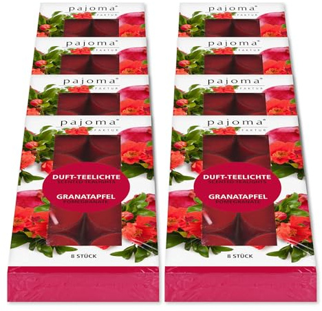 pajoma® Teelichte 8er Pack, Granatapfel | 64 Duft-Teelichte in Polycarbonathülle, Brenndauer ca. 4 Stunden - Höhe 1,5 cm ø 3,5 cm | Premium Qualität | Deko, Gastronomie, Outdoor, Windgläser, Hochzeit