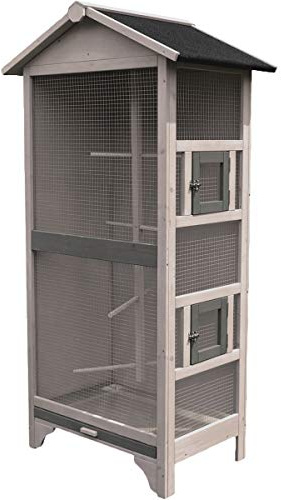 Flamingo Vogelkäfig – Voliere Vögel – Voliere Cottage Nevada Grau (Holz) – 78×57×157,5 cm – 8 Sitzstangen, Bitumendach, 2 Seitentüren, galvanisierte Schublade – Indoor/Outdoor