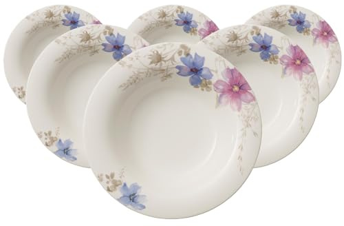 Villeroy & Boch Mariefleur Gris Basic - Juego de 6 platos hondos para sopas y guisos, aptos para microondas, 23 cm, color blanco y multicolor, porcelana premium