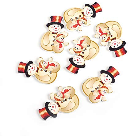 SiAura Material - 50 Stück Furnierplatte Knöpfe Scrapbooking Weihnachten Schneemann 36mm - 25mm, weiß & rot, 2 Löcher I Zum Nähen, Basteln und Dekorieren