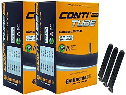 pneugo! Set 2 x Continental Fahrradschlauch 20 Zoll Autoventil 50-406/62-406 (Compact Wide) + 3 Reifenheber