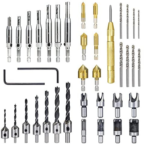 39pcs Set di punte da trapano Svasatore Punta da trapano 5 Flauto Smusso Punta da trapano Taglierina per legno con punzone centrale Strumento di perforazione per la lavorazione del legno