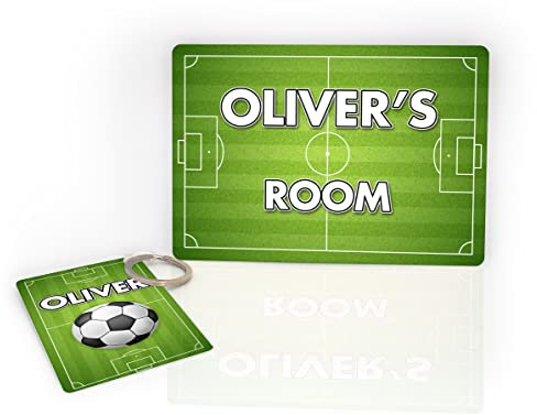 Football Pitch Soccer Personalised Childrens Door Plaque Childs Sign & Bag Charm Gift Set