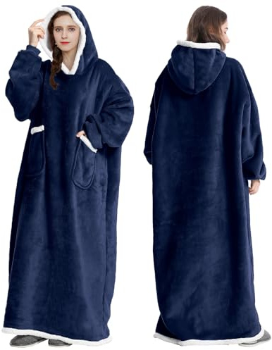 Decke Hoodie Decke mit Ärmeln und Kapuze Marineblaue Wolldecke mit Ärmeln tragbare Decke für Erwachsene 80 x 150 cm, Navy blau