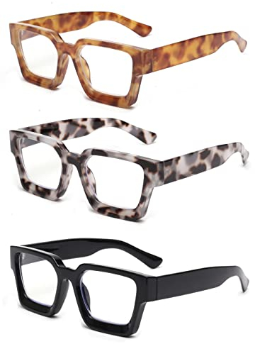 JM Paquete de 3 Gafas de Lectura Cuadrados, Gafas Presbicia con Bloqueo a Luz Azul Para Mujeres y Hombres +0.0