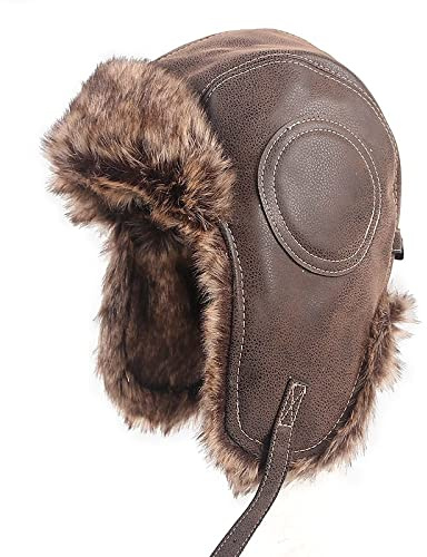 Russische Mütze Ushanka Warme Pelzmütze Leder Army Helm Bomber Herren Trapper Pilot Fliegermütze Mit Goggle Sowjet Für Damen