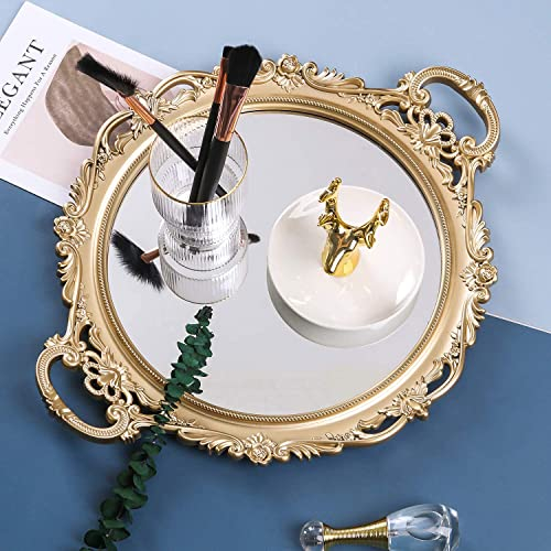 YANIZU Dekoratives Spiegeltablett, rund mit Griffen, Organizer für Parfüm, Make-up, Schmuck, Vintage-Display und Serviertablett für Kommode, Theke und Couchtisch, 40,1 x 33 cm, Gold