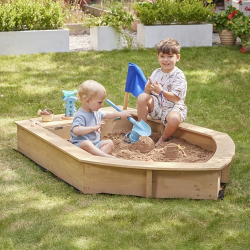 Liberty House Toys Wooden Boat Sand Pit with Seating and Cover | Seating, Built-in Storage, Includes Protective Cover