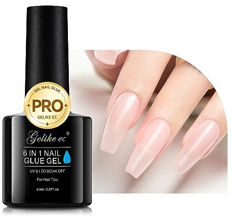 Gelike ec Nagelkleber Für Kunstnägel 6 in 1Sheer Baby Pink Extra Stark Nail Glue Für Press On Nail Glue Gel For Nail Tips Nagelkleber Gel Für Fake Nail-Brauchen Ausharten Unter UV Nagellampe 8ML-11544