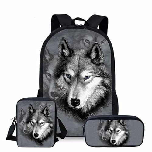 Lengender Sac à Dos Garçons, Sac d'école Primaire Cartable Loup avec Sac Repas Trousse à Crayons Sets de Sacs Scolaires pour Enfants (B)