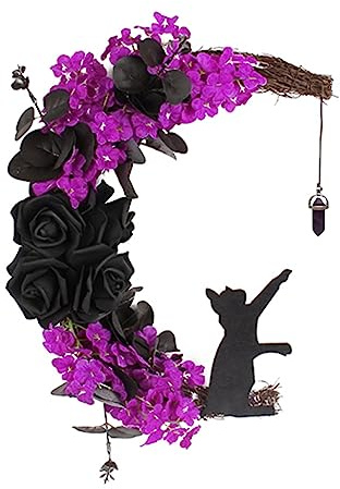2023 Halloween Türkranz, Halloween Katzen Türkranz Katzen, Halloween Mond Kranz mit Katzen Wanddekoration, Mond Halloween Kränze Für Haustür, Mondförmige Gothic Türdekorationen (B-A, One Size)