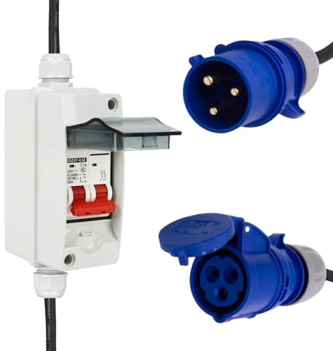 CEE Adapter 32A to 16A 3P with Phase Inverter, CEE High Current Adapter 32A Male to 16A Coupling with Circuit Breaker Extended Cable (Blue)