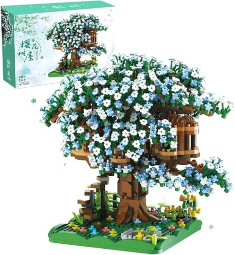 Tirff Kirschblüte Baumhaus, Sakura Bonsai Baum Bausatz, 1258 Klemmbausteine Sakura Baumhaus Modellsets für Erwachsene