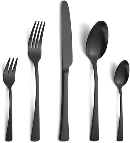 Gifcomda Schwarz Matt Besteck Set, 30-teiliges Edelstahl Besteck Set für 6 Personen, Hochglanzpoliert Besteckset mit Messer, Gabel, Löffel, Spülmaschinenfest