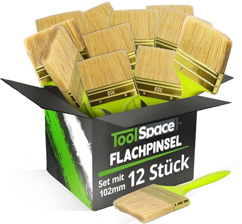 ToolSpace Set med 12 platta borstar – 102 mm – platt borste – ergonomiskt plasthandtag – naturborst med syntetisk borstblandning – täta borst – för alla typer av färger.