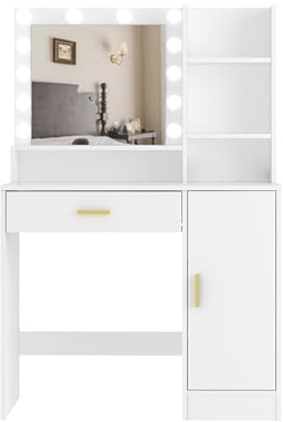 Panana Vanity Desk, Vanity Mirror with Lights and Table Set with 1 Big Drawers, 1 Cabinet & 4 Shelves Makeup Vanity Set 3 Lighting Modes Brightness Adjustable Dressing Table (White)