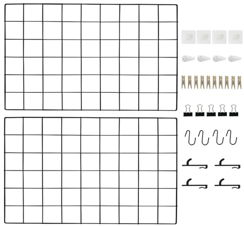 CIKLCIX Schwarzes Wandgitter, 17.3×11.8 Gitter-Pinnwand, 2er-Set | Metall-Drahtgitter für Fotos, Notizen und Deko, Grid Wall Panel mit Klammern und Hake