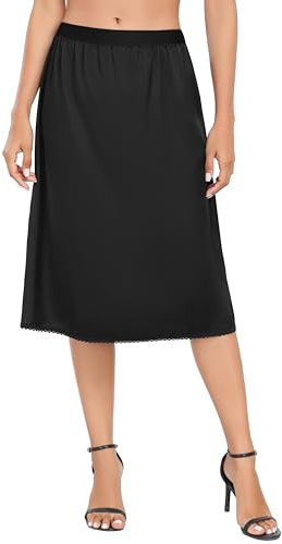 Vlazom Dam halvslips, satin silkeslena långa underkjolar för klänningar spets fåll mjuk underkjol för underklänningar S-XXL, Svart, M