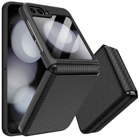 Giyer Handyhülle für Samsung Galaxy Z Flip 5 Hülle mit Displayschutzfolie Scharnierschutz, Rutschfester Textur Hard PC Rugged Stoßfest Schutzhülle für Samsung Z Flip 5 5G Flip Case Cover (Schwarz)