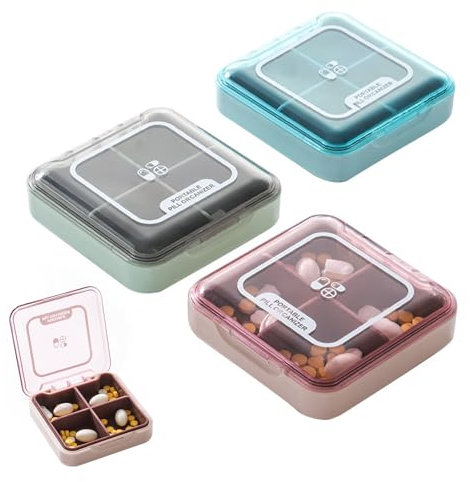 BEELUKY 3 scatole per compresse, portapillole, piccolo contenitore per compresse da viaggio, 4 scomparti con design semplice aperto, portapillole per medicinali, vitamine, olio di pesce (verde, blu
