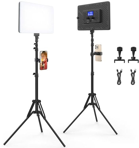 2 Pack Led Video Light Panel Kit with Stand, Kmasic Photography Panel Light Built-in 8000mAh & LCD Display, 20W Soft Light 2200Lux 2500K-8500K Studio Light for Video Recording Game Live Streaming Film