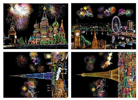 Kratzbilder Erwachsene, Kratzmalerei Painting, 4 Blatt City Series Night View Scratchboard, Scratch Paper City Series Night Scene, Kratzmalerei-Set, Scratch Painting Kreative Geschenk