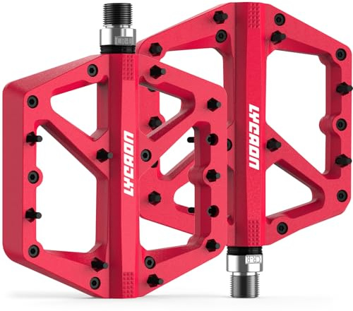 LYCAON Pedali bici da strada/mountain bike, Pedale per Bicicletta Fibra di Nylon Antiscivolo CR-MO, 3 Cuscinetti CNC per 9/16 BMX MTB, Pedali a Piattaforma Piatta Leggeri e Larghi (Rosso)