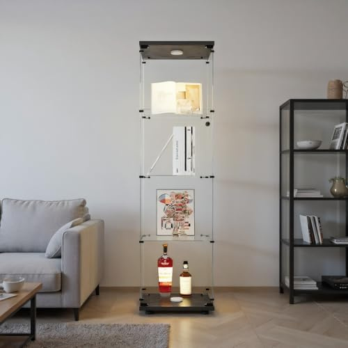 Vetrina in vetro a LED, 164 x 42,5 x 36,5 cm, con serratura a LED e porta 4 ripiani trasparenti per soggiorno bar (4 strati + luci, nero)
