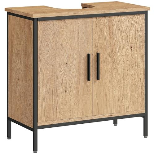 HOMCOM Under Sink Bathroom Cabinet, Industrial Freestanding Under Sink Cabinet with 2 Doors, Adjustable Shelf and Steel Frame for Basin without or with Pedestal, Oak